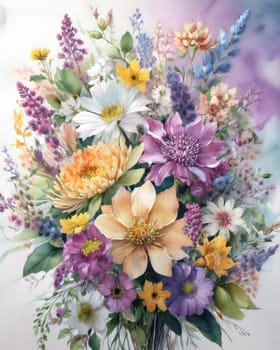 Romantic bouquet of beautiful flowers. Watercolor painting. Design for fabric, wallpaper, greeting card