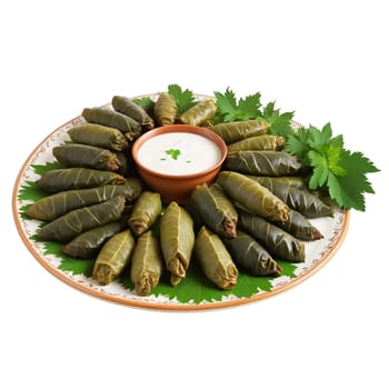 Azerbaijani dolma grape leaves meat rice herbs stacked served with yogurt sauce Culinary and Food. close-up food, isolated on transparent background