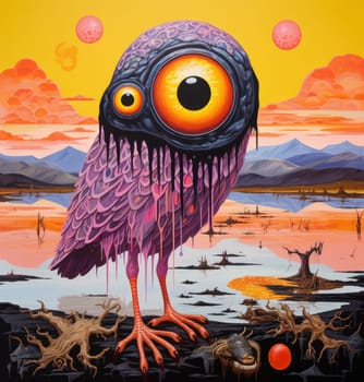 Abstract sorrealistic painting of creatures in psychedelic pop art style. Otherworld of fantasy and grotesque forms. 