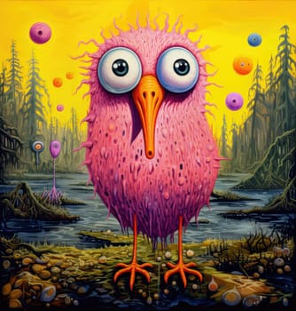 Abstract sorrealistic painting of creatures in psychedelic pop art style. Otherworld of fantasy and grotesque forms. 