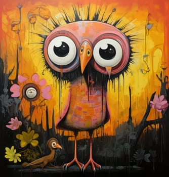 Abstract sorrealistic painting of creatures in psychedelic pop art style. Otherworld of fantasy and grotesque forms. 