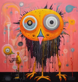 Abstract sorrealistic painting of creatures in psychedelic pop art style. Otherworld of fantasy and grotesque forms. 