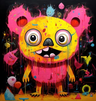 Abstract sorrealistic painting of creatures in psychedelic pop art style. Otherworld of fantasy and grotesque forms. 