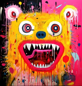 Abstract sorrealistic painting of creatures in psychedelic pop art style. Otherworld of fantasy and grotesque forms. 