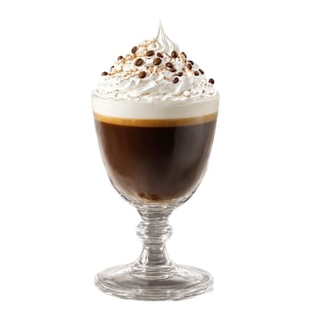 Irish coffee with whipped cream and coffee beans levitating and swirling Food and culinary concept. Food isolated on transparent background.