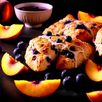 Peach blueberry scones golden wedges fresh fruit chunks tumbling Food and Culinary concept. Food isolated on transparent background.