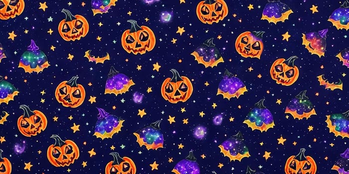 Cosmic Halloween. Spooky galaxy background with Halloween motifs, flying bats and haunted houses among the stars.