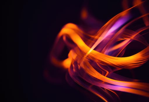Abstact background and texture. Flowing waves of orange and purple light on black. A smooth, wavy blend of warm and cool tones.