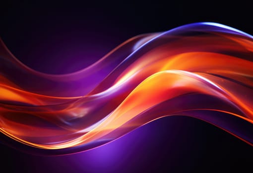 Abstact background and texture. Flowing waves of orange and purple light on black. A smooth, wavy blend of warm and cool tones.