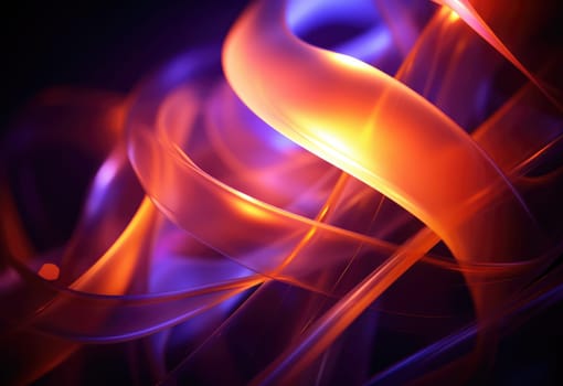 Abstact background and texture. Flowing waves of orange and purple light on black. A smooth, wavy blend of warm and cool tones.