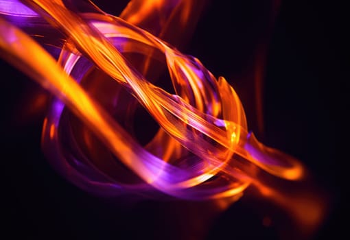 Abstact background and texture. Flowing waves of orange and purple light on black. A smooth, wavy blend of warm and cool tones.