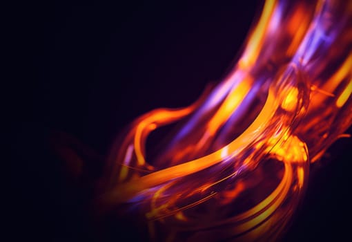 Abstact background and texture. Flowing waves of orange and purple light on black. A smooth, wavy blend of warm and cool tones.
