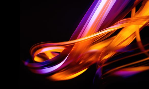 Abstact background and texture. Flowing waves of orange and purple light on black. A smooth, wavy blend of warm and cool tones.