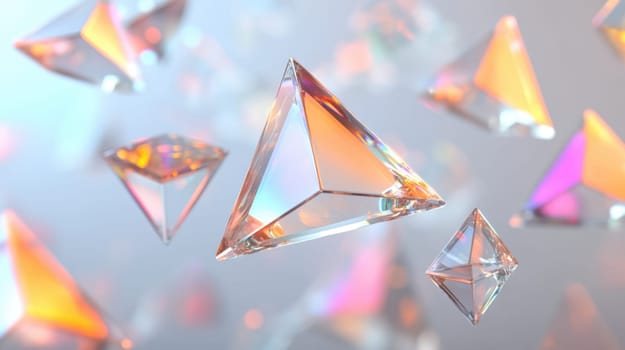Abstract background with floating glass or crystal triangular prisms. Concept of technology, innovation, and future.