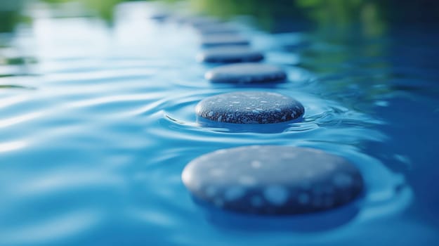 Stone path across a blue water. Concept of zen, harmony, balance, and meditation.