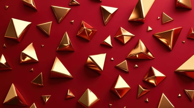 Golden geometric shapes on red background. Concept of luxury, wealth, and sophistication.