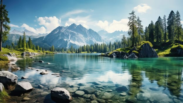 Scenic mountain lake with crystal clear turquoise water and lush green forest reflecting in it