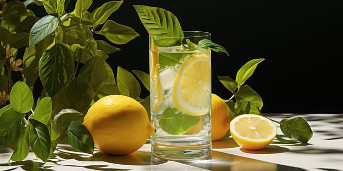 Refreshing lemonade with ice, mint, and fresh lemons. Summer beverage on a marble table.