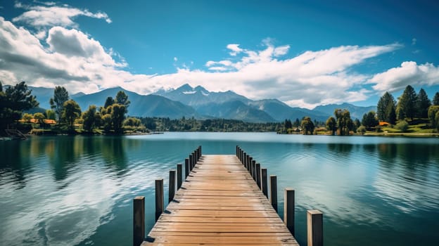 Serene Lake with Mountain View and Wooden Pier, Tranquil Landscape