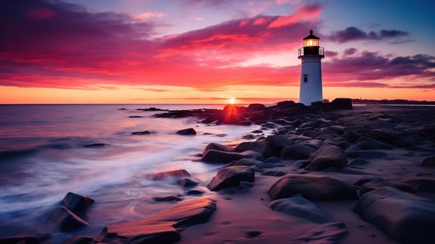 Lighthouse at sunset with dramatic sky and rocky shore