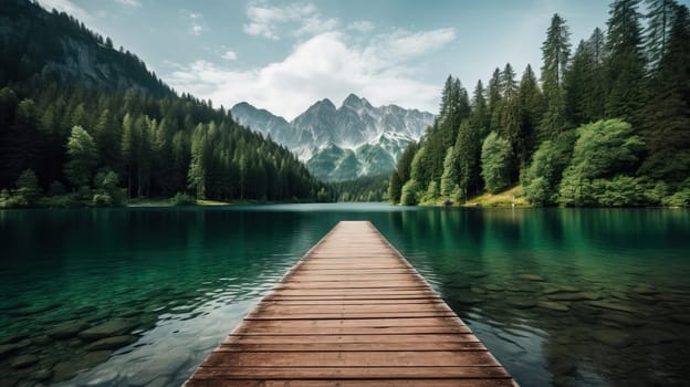 Scenic view of a serene lake with a wooden dock leading to mountains