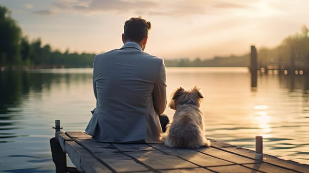 Man and dog watching sunset on a lake pier, Concepts of friendship, companionship, peace and serenity