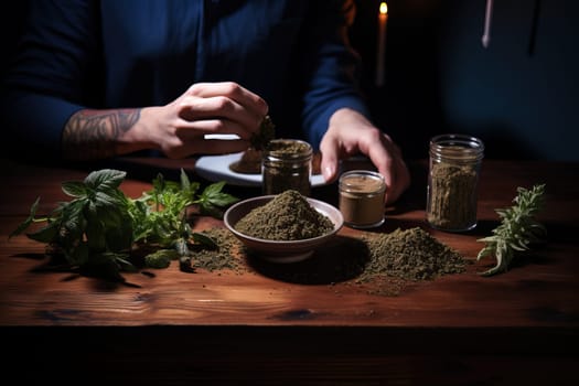 Person preparing cannabis or hemp product, Herbal medicine or alternative therapy concept.