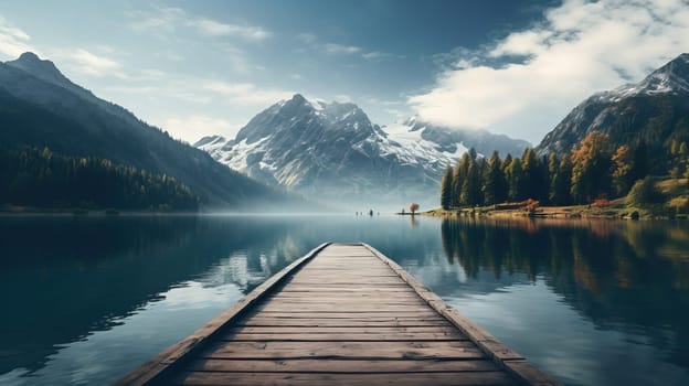 Wooden pier on a lake with mountains in the background, Tranquil landscape at sunrise