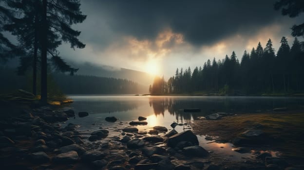 Dark and moody sunrise over a mountain lake surrounded by pine forest, Concept of nature, wilderness and tranquility.