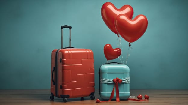 Two suitcases and heart shaped balloons on a blue background. Love, travel, Valentine's Day, honeymoon, romantic getaway.