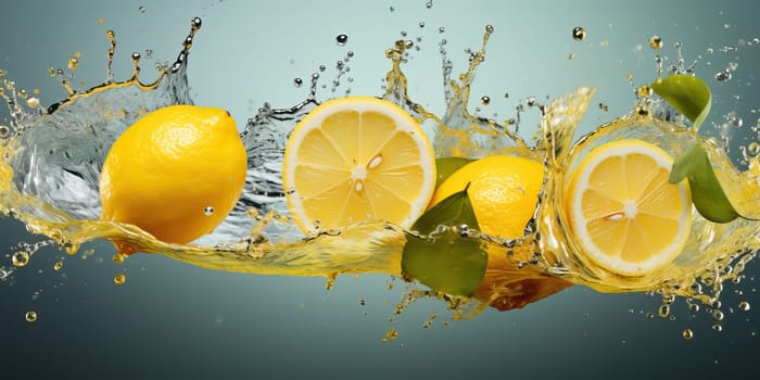 Fresh lemons splashing in water, Concept of freshness, health, and citrus flavor.