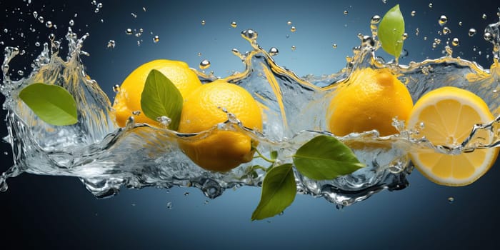 Fresh lemons with leaves splashing into water on a blue background. Capturing the refreshing and vibrant nature of this citrus fruit.