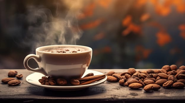 Steaming coffee cup with roasted beans and cinnamon on wooden table, Cozy drink concept.