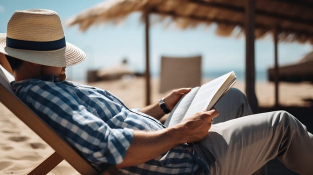Man relaxing on beach chair reading a book. Summer vacation leisure concept.