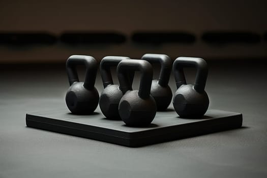Six black kettlebells arranged neatly on a black gym mat, ready for a strength and conditioning workout.