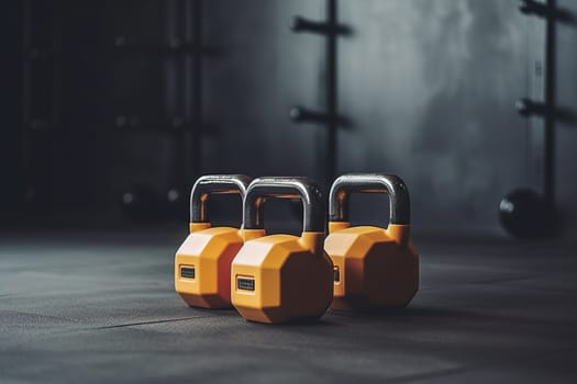 Three yellow kettlebells on a gym floor, ready for a workout. The dark background and weights suggest strength and fitness.