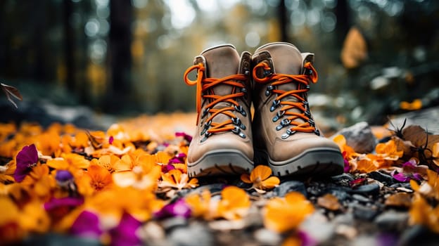 Brown hiking boots on a path covered with colorful autumn leaves. Hiking, adventure, fall season concept.