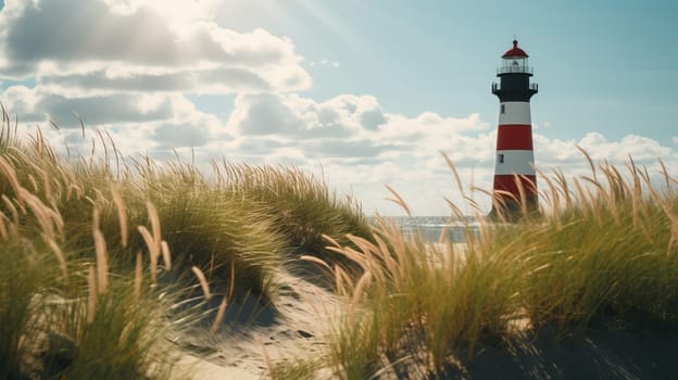 Red and white striped lighthouse stands tall on a sunny beach, surrounded by sand dunes and seagrass.