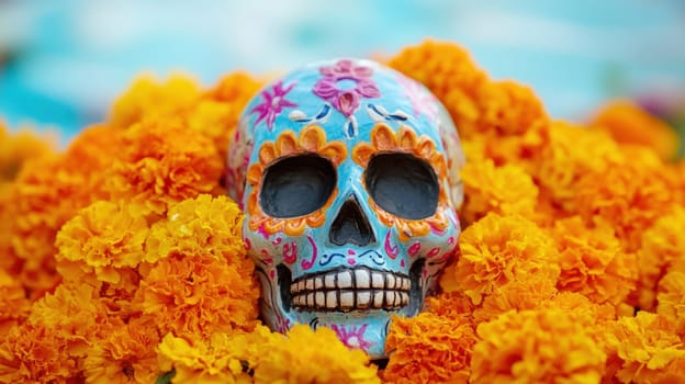 Colorful sugar skull with marigold flowers for Dia de los Muertos