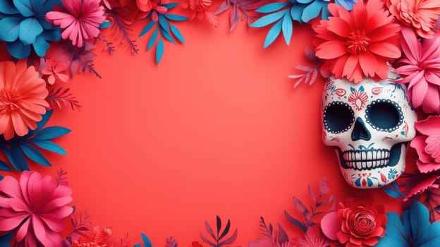 Day of the Dead skull with colorful flowers on a vibrant background, Festive and cultural celebration.