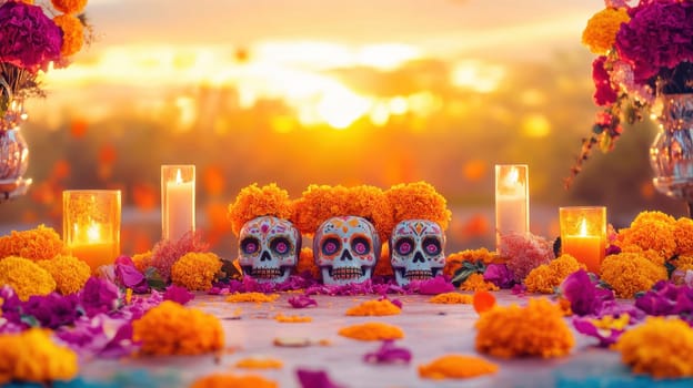 Day of the Dead Altar with Sugar Skulls and Cempasuchil Flowers at Sunset