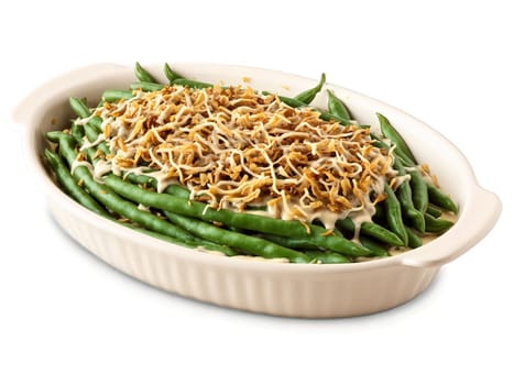 Green Bean Casserole Heartwarming green bean casserole with creamy sauce and crispy onion topping holiday. Food isolated on transparent background.