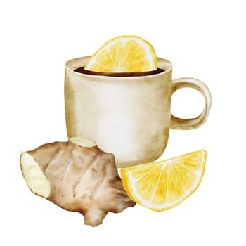 Watercolor herbal tea with lemon slices and ginger. Hand drawn beige mug with hot citrus drink and ginger root on isolated white background. Ideal for logo and packaging of medicinal tea. Homeopathic composition. High quality illustration