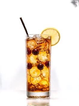 Long Island Iced Tea Tall glass with ice spirits and cola garnished with lemon wedge. Drink isolated on transparent background.