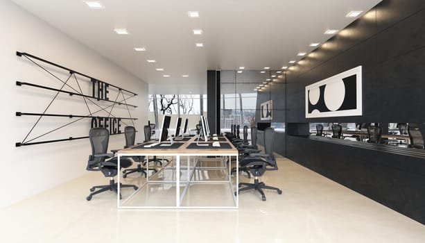 Modern office space with sleek design and technology. 3d render