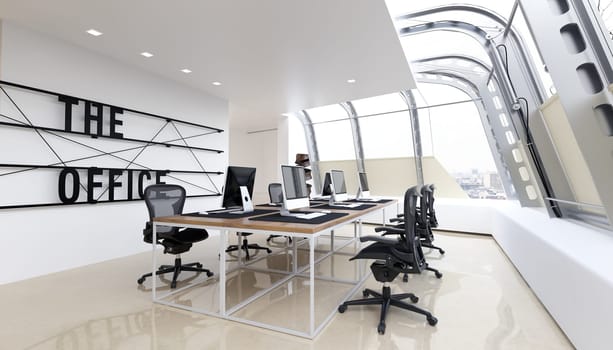 Modern office space with sleek design and technology. 3d render