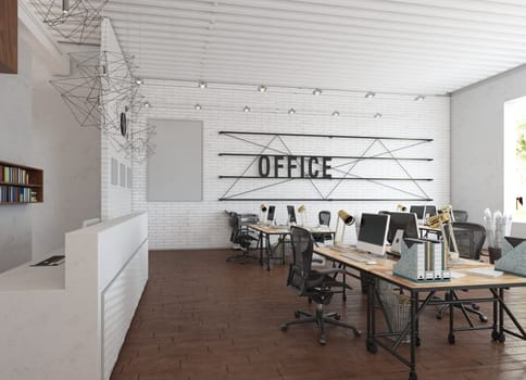 Open, collaborative office space with industrial design. 3d render