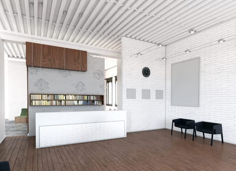 Modern reception area with minimalist design and bookshelves. (3d render)