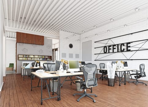 Open, collaborative office space with industrial design. 3d render