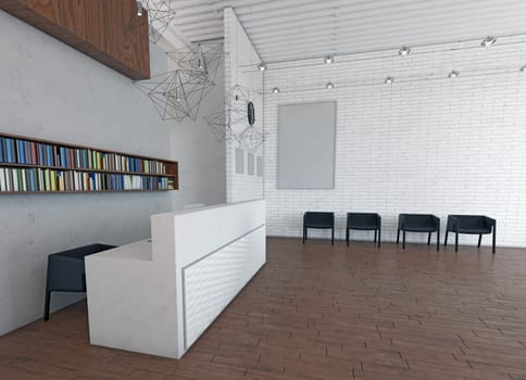 Modern reception area with minimalist design and bookshelves. (3d render)